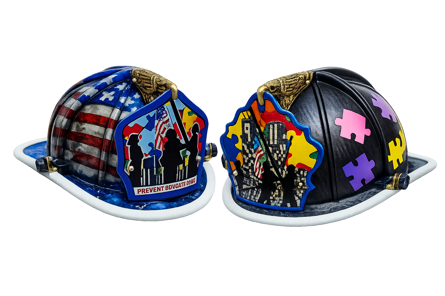 Two custom-painted Helmets 4 Autism fire helmets